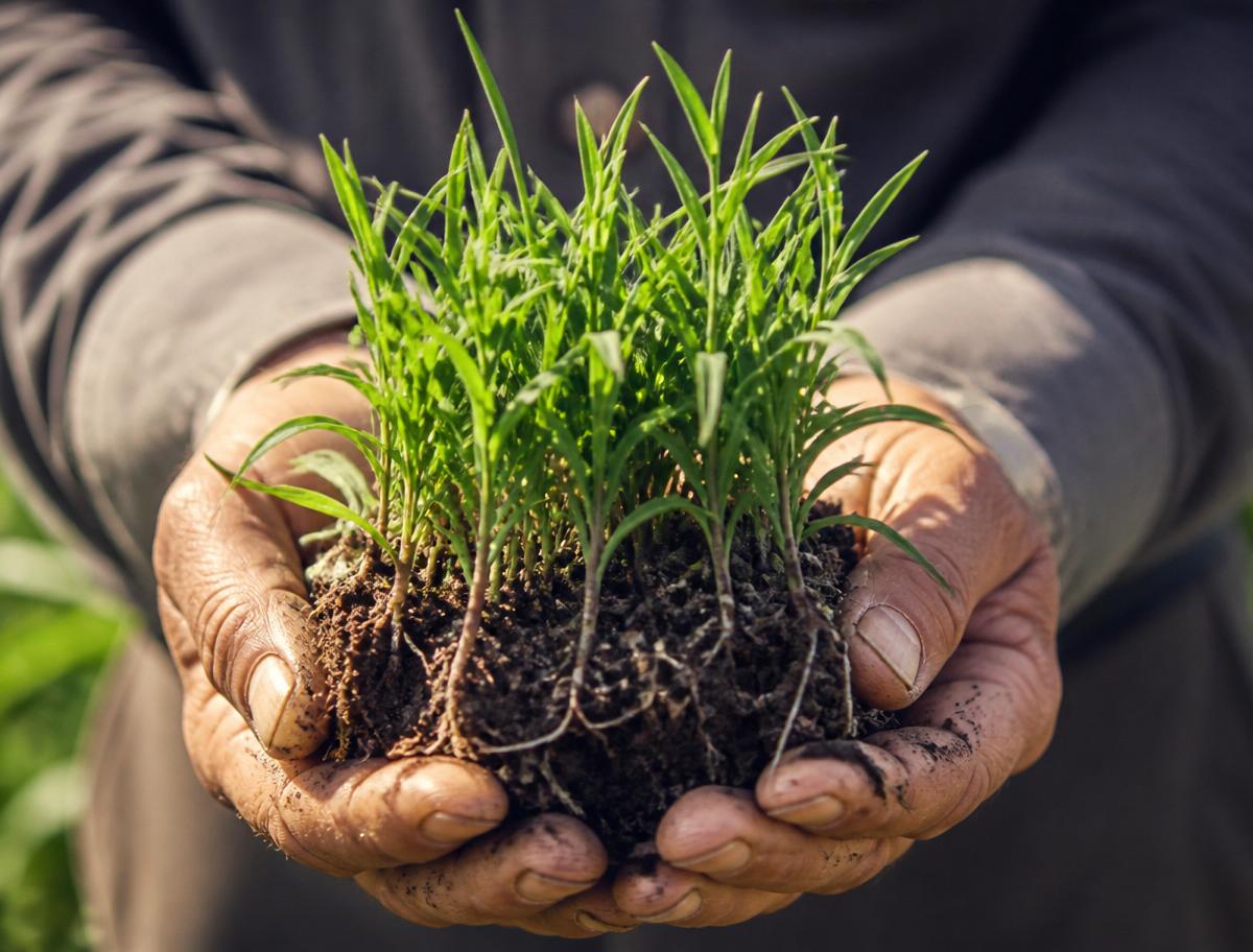 Hands holding a fresh crop seedling