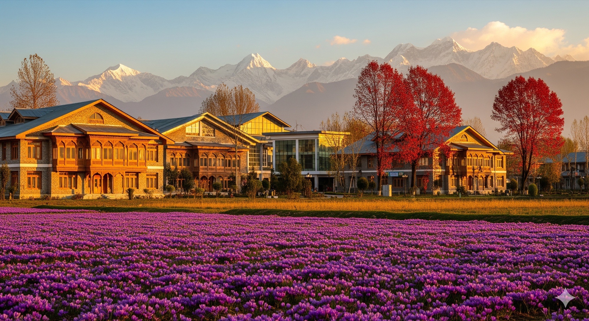 Saffron fields in bloom in front of the SKUAST-K campus and Himalayan peaks